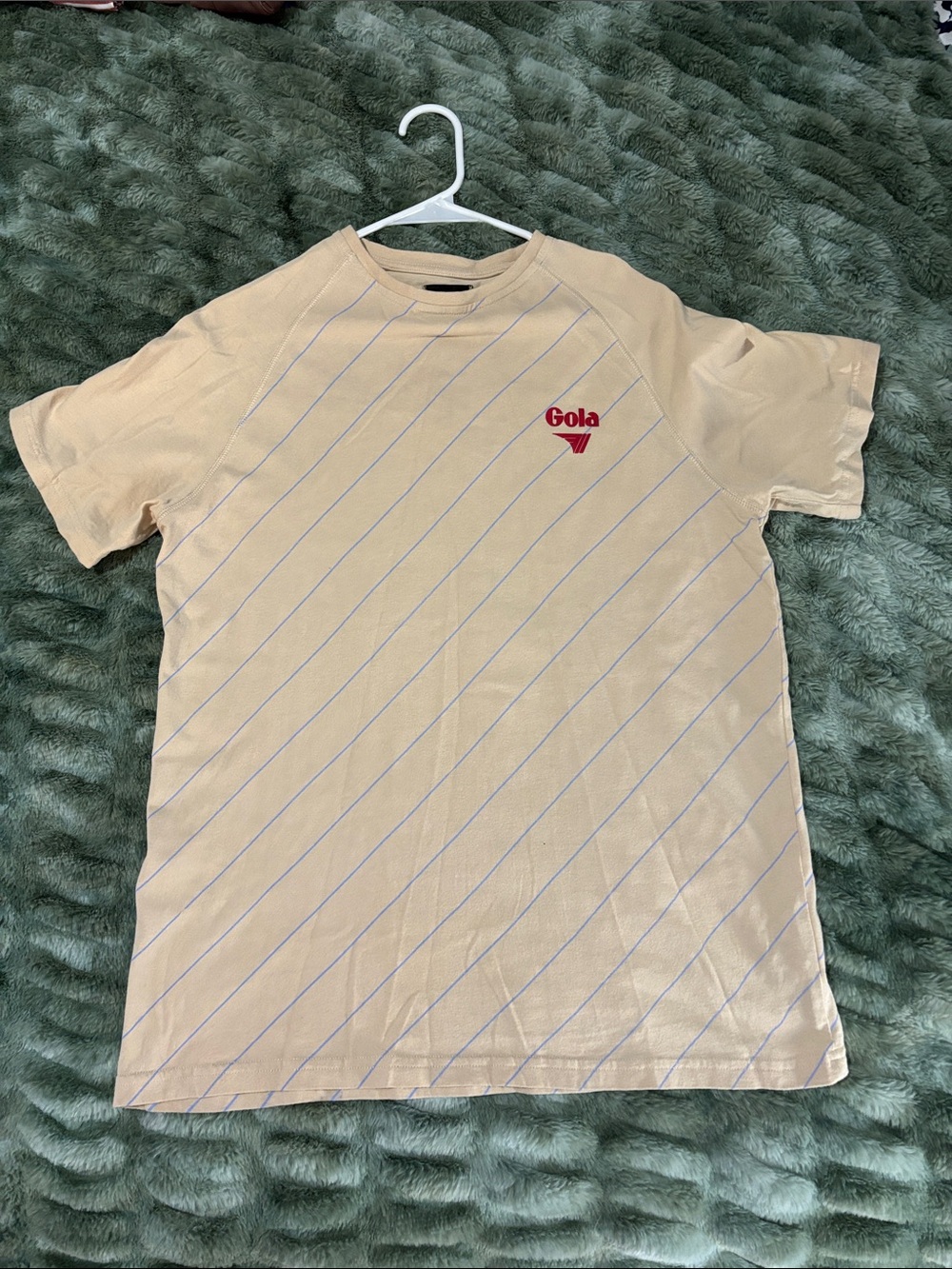 Gola Cream Short-Sleeve Tee with Red Logo and Blue Pinstripes